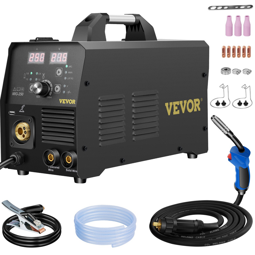 Soldador MIG VEVOR de 250 A, máquina de soldar 3 en 1, máquina de soldadura de alambre sólido/gas/núcleo fundente de 220 V con inversor IGBT y antorcha, soldador multiproceso digital MIG/Lift TIG/Stick