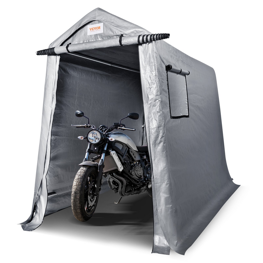 Cobertizo portátil 6 x 8 x 7 pies resistente para todas las estaciones con lona puerta enrollable y ventanas ventiladas para motocicletas bicicletas y herramientas de jardín