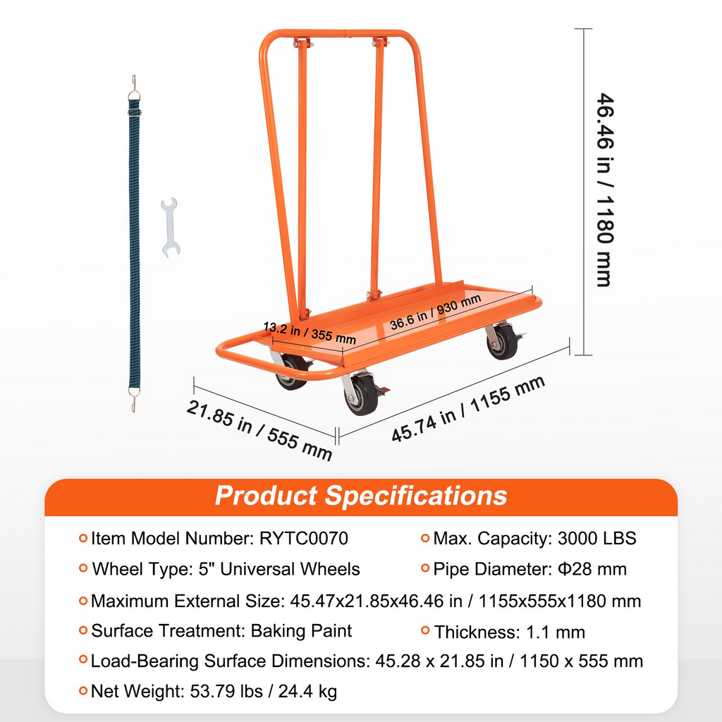 Carro para paneles de yeso VEVOR con plataforma de 45,28" x 21,8" y ruedas giratorias de 5"