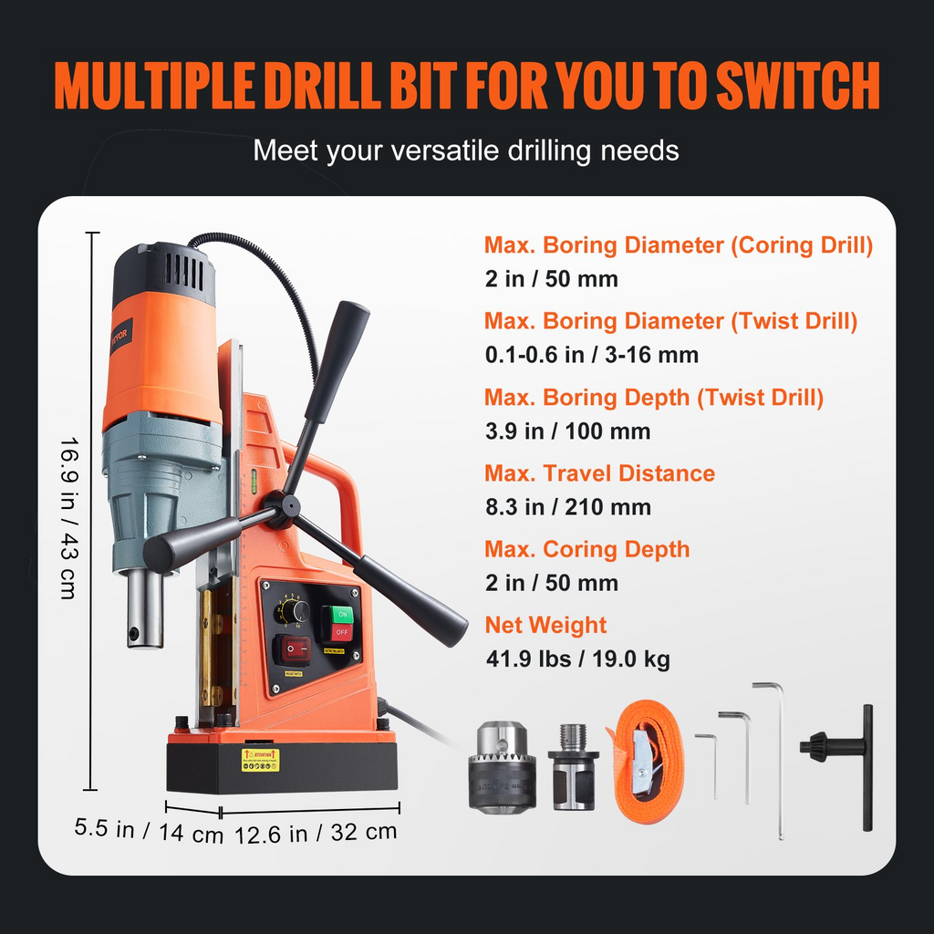 Taladro magnético VEVOR 1550 W diámetro de perforación de 2" 2922 lbf/13000 N 500 RPM