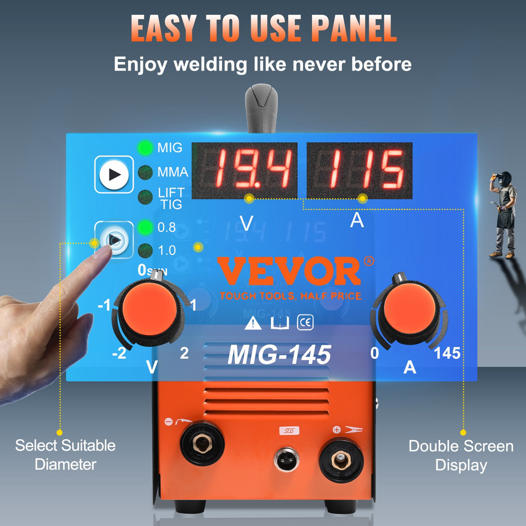 VEVOR 145Amp MIG Welder, Welding Machine 3 in 1, 110 V Flux Core/Solid Wire Welding Machine with IGBT Inverter & MIG Torch, Digital MIG/Lift TIG/Stick Multiprocess Welder