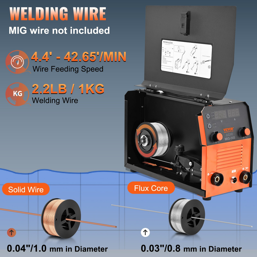 VEVOR 145Amp MIG Welder, Welding Machine 3 in 1, 110 V Flux Core/Solid Wire Welding Machine with IGBT Inverter & MIG Torch, Digital MIG/Lift TIG/Stick Multiprocess Welder