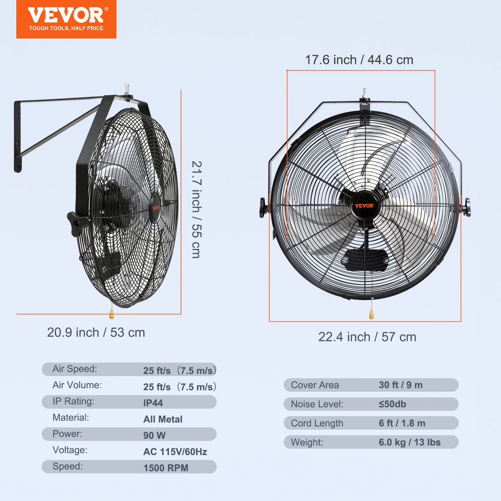 Ventilador de pared VEVOR de 18 pulgadas, 3 velocidades, alta velocidad, máx. 4150 CFM, ventilador de pared industrial resistente al agua, comercial o residencial para almacén, invernadero, taller, patio JH2