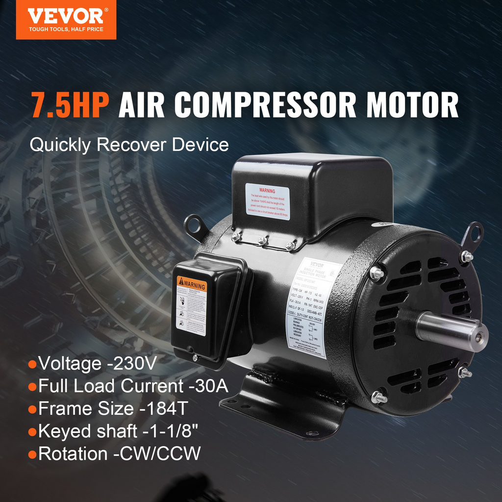 Motor de compresor de aire VEVOR de 7,5 HP motor eléctrico de 230 V y 30 A marco de 184 dientes y 3450 RPM eje con chaveta de 1-1/8" longitud de eje de 2,75"