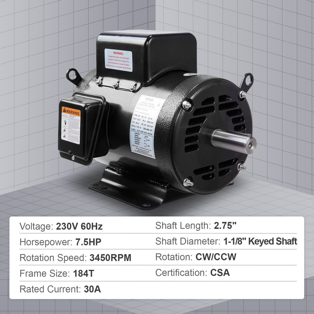 Motor de compresor de aire VEVOR de 7,5 HP motor eléctrico de 230 V y 30 A marco de 184 dientes y 3450 RPM eje con chaveta de 1-1/8" longitud de eje de 2,75"