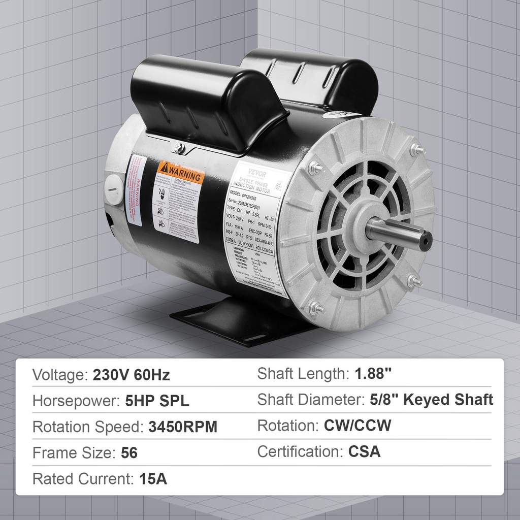 Motor de compresor de aire VEVOR 5HP SPL motor eléctrico de 230 V y 15 amperios 3450 RPM marco de 56, eje con chaveta de 5/8" longitud de eje de 1,88"