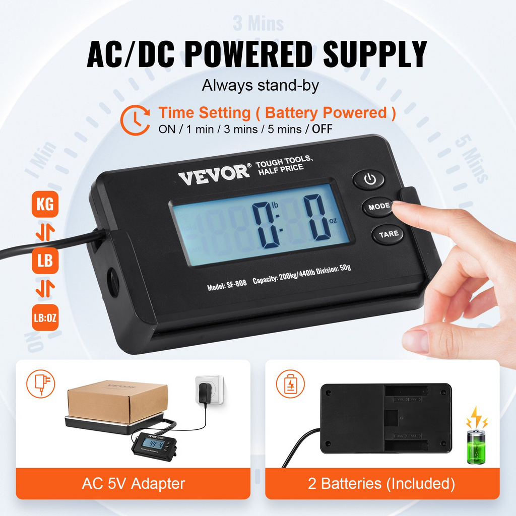 Báscula de envío digital VEVOR 440 lb x 1,7 oz alimentación CA/CC, homologada por la FCC