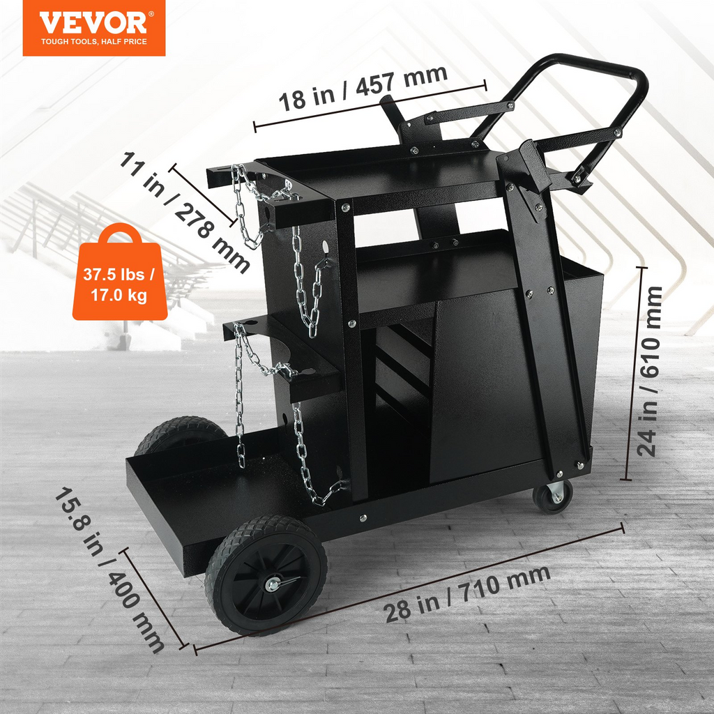 VEVOR Welding Cart, 2-Tier 4 Drawers Welder Cart with 265 LBS Weight Capacity, 360° Swivel Wheels, Tank Storage Safety Chains, Heavy Duty Rolling MIG Welder Cart for Mig Welder and Plasma Cutter