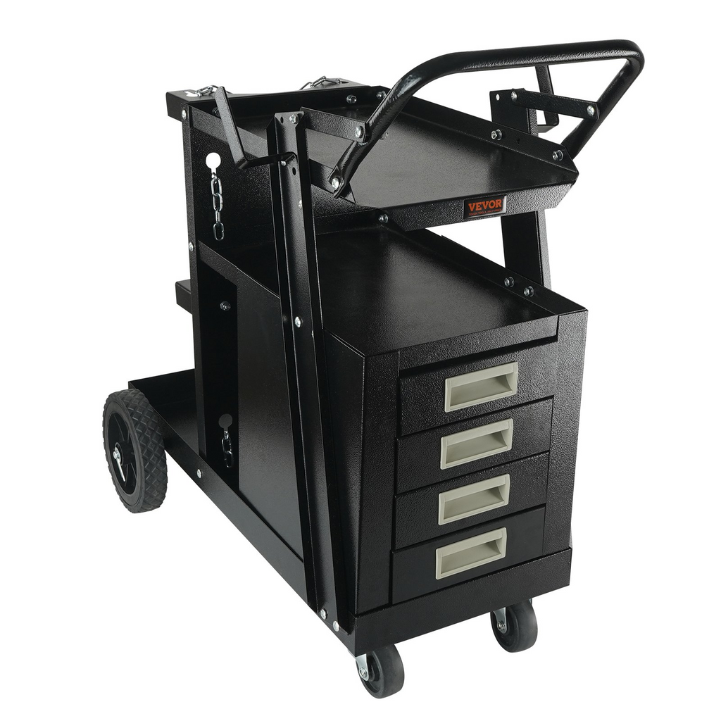 VEVOR Welding Cart, 2-Tier 4 Drawers Welder Cart with 265 LBS Weight Capacity, 360° Swivel Wheels, Tank Storage Safety Chains, Heavy Duty Rolling MIG Welder Cart for Mig Welder and Plasma Cutter