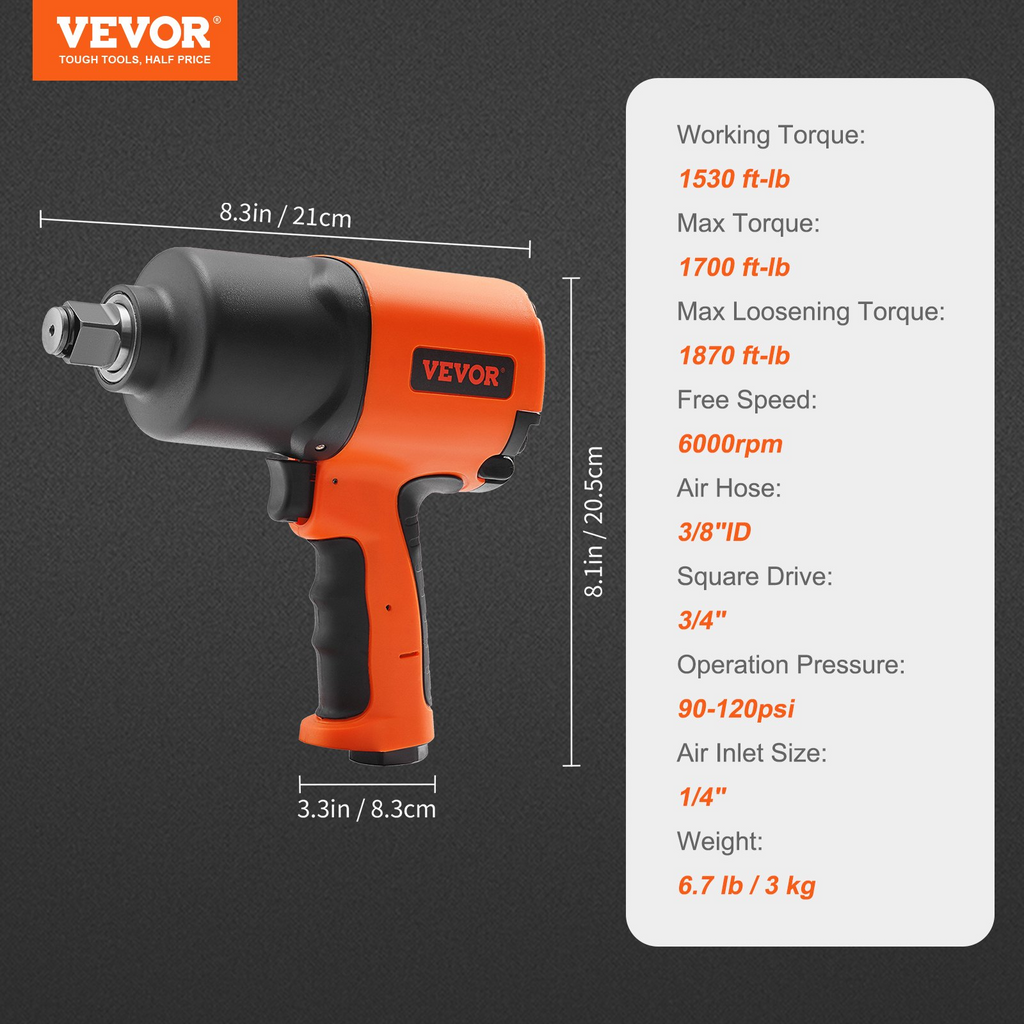 Llave de impacto neumática VEVOR con accionamiento cuadrado de 3/4" par de torión de 1870 ft-lb par de torsión de 90-120 PSI