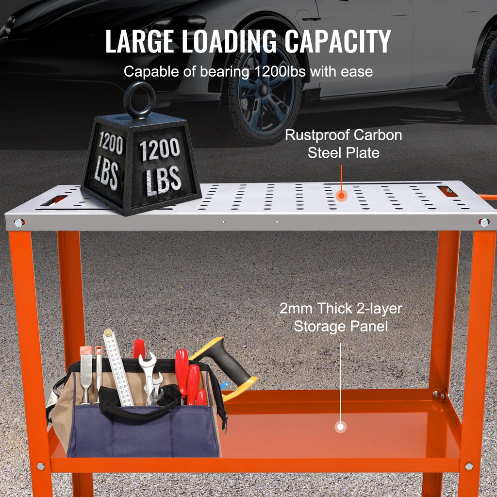 VEVOR 36" x 18" Welding Table, 1200lbs Load Capacity Steel Welding Workbench Table on Wheels, Portable Work Bench with Braking Lockable Casters, 4 Tool Slots, 5/8-inch Fixture Holes, Tool Tray