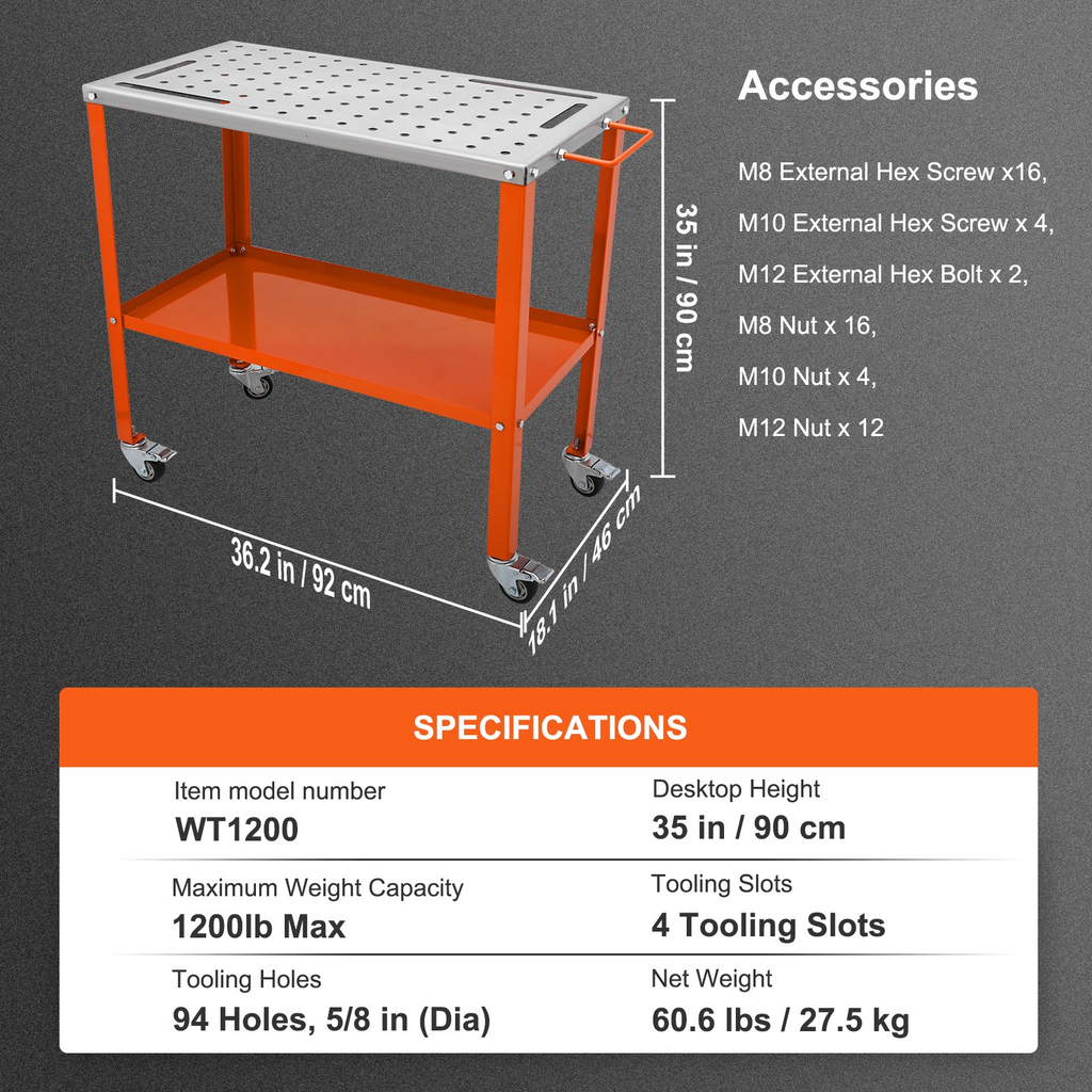 VEVOR 36" x 18" Welding Table, 1200lbs Load Capacity Steel Welding Workbench Table on Wheels, Portable Work Bench with Braking Lockable Casters, 4 Tool Slots, 5/8-inch Fixture Holes, Tool Tray