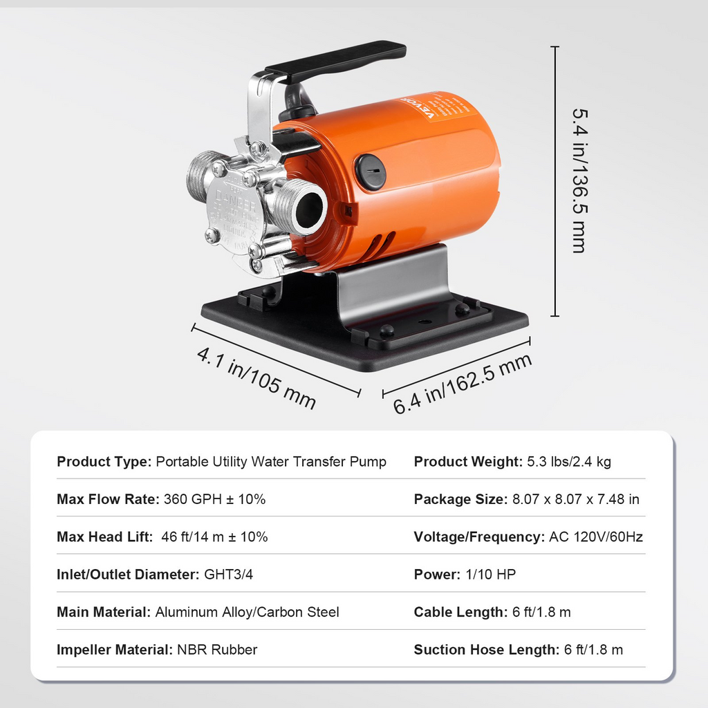 Bomba de transferencia de agua VEVOR 120 V CA 360 GPH 1/10 HP eléctrica portátil para uso general con kit manguera succión 6 pies