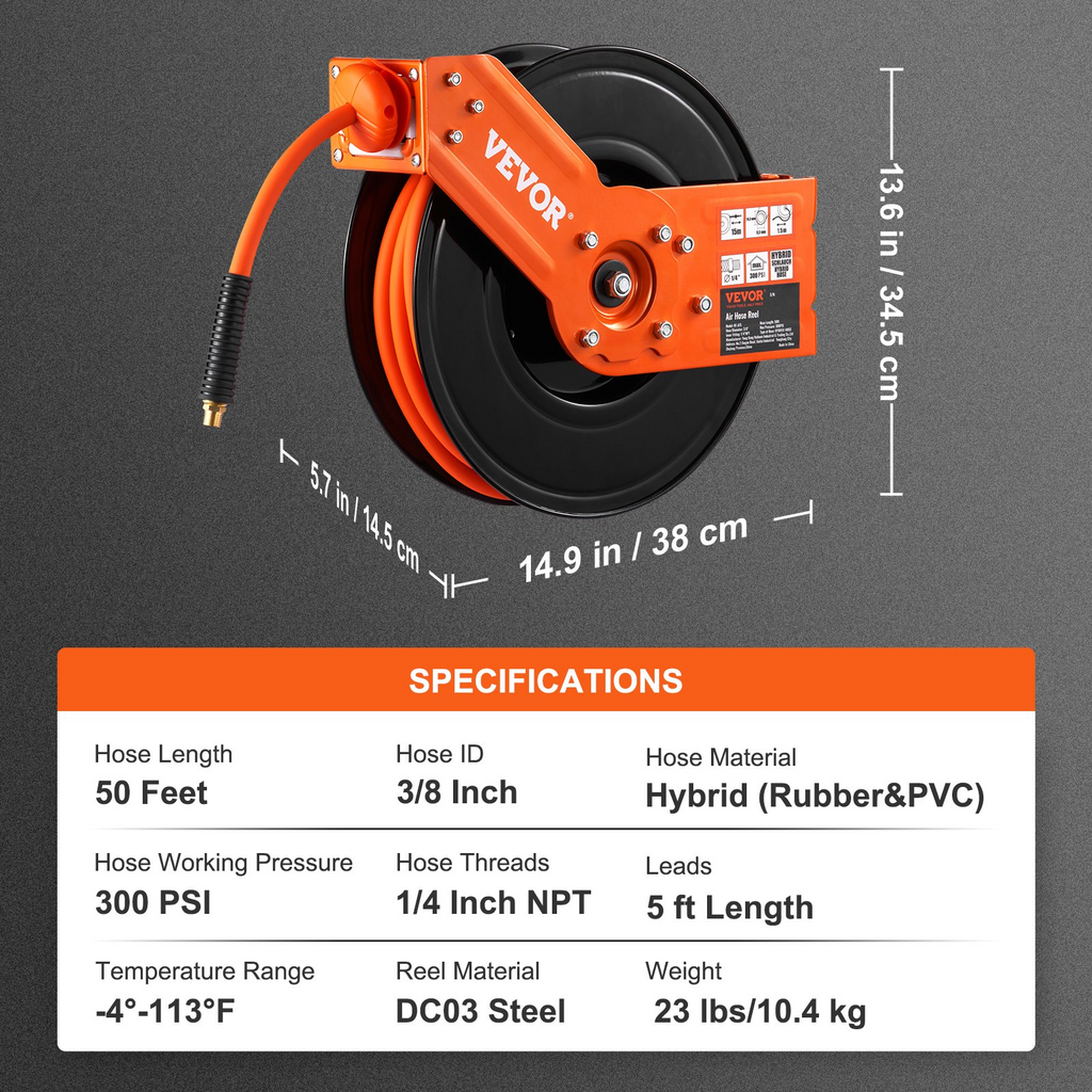 VEVOR Carrete de manguera de aire retráctil 3/8 pulg x 50 pies máx. 300 PSI