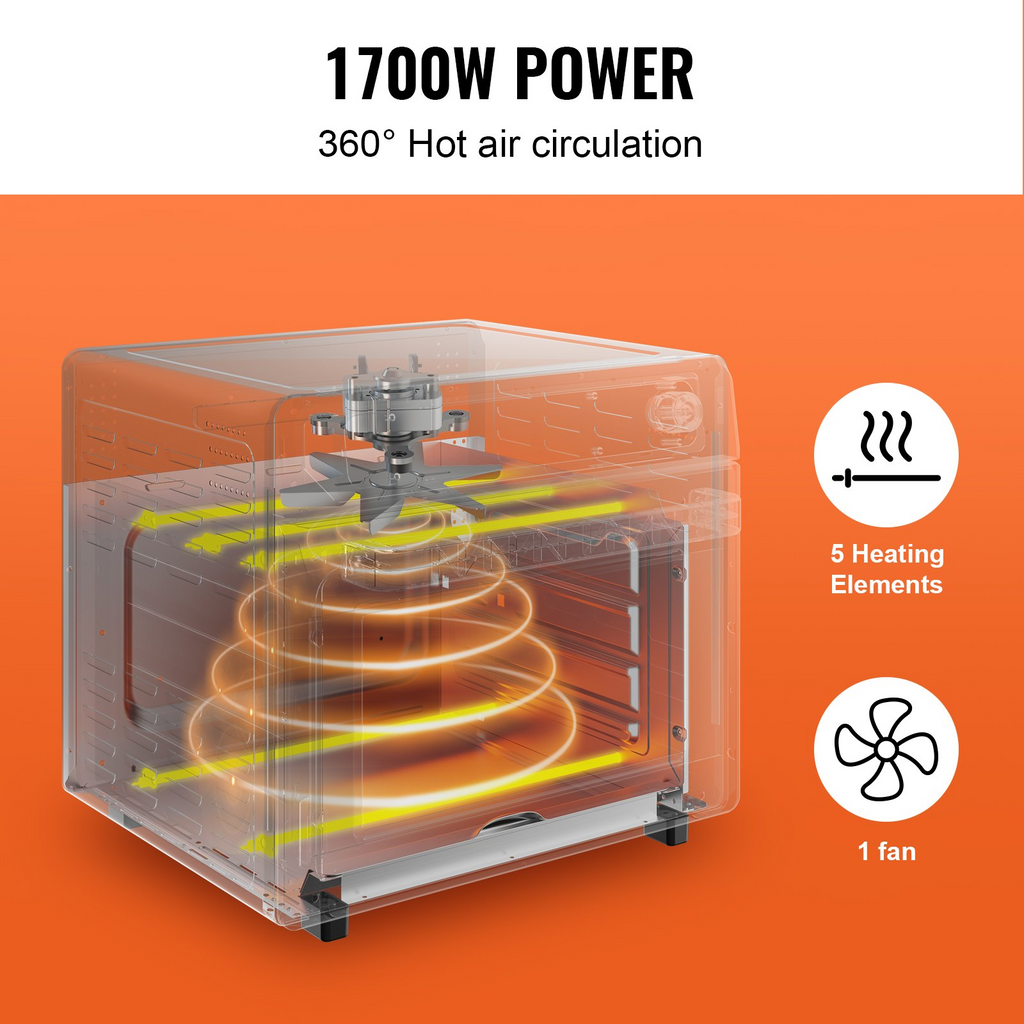 Horno tostador y freidora de aire 12 en 1 VEVOR de 25 L con convección y 1700 W incluye parrilla bandeja para pizza guantes y puede tostar 12 rebanadas o una pizza de 12 pulgadas para uso doméstico y comercial