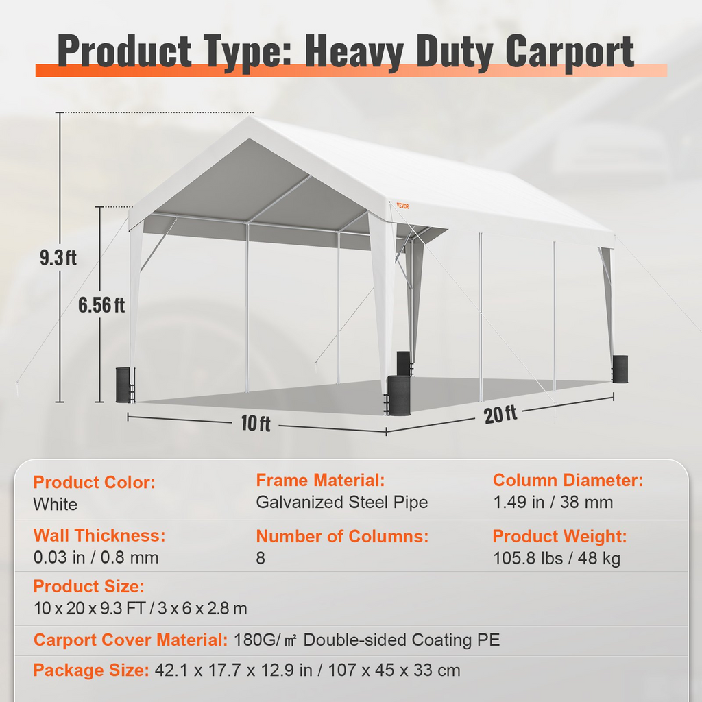 VEVOR carpa resistente para cochera de 10 x 20 pies con 8 postes reforzados y 4 bolsas de peso