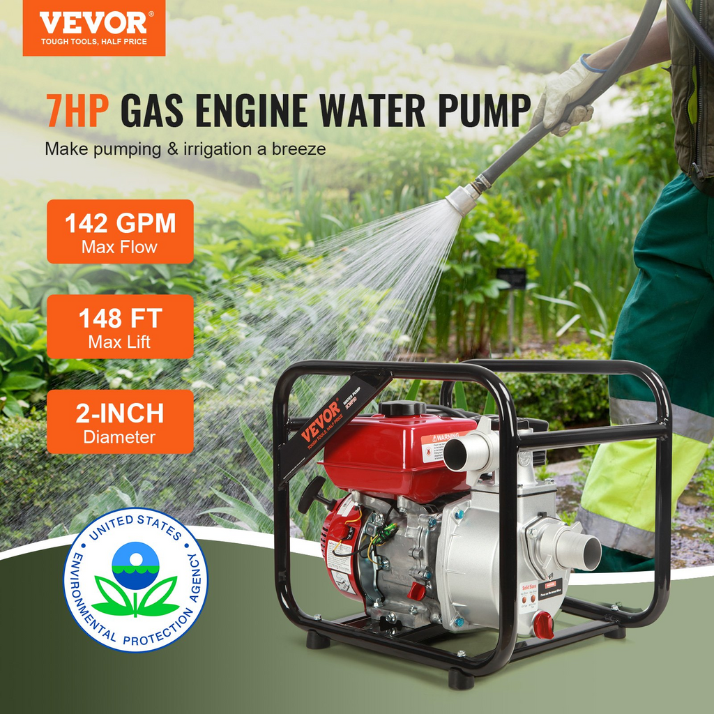 Bomba de agua con motor de gasolina VEVOR 2 pulgadas 7 HP 142 GPM elevación de 148 pies