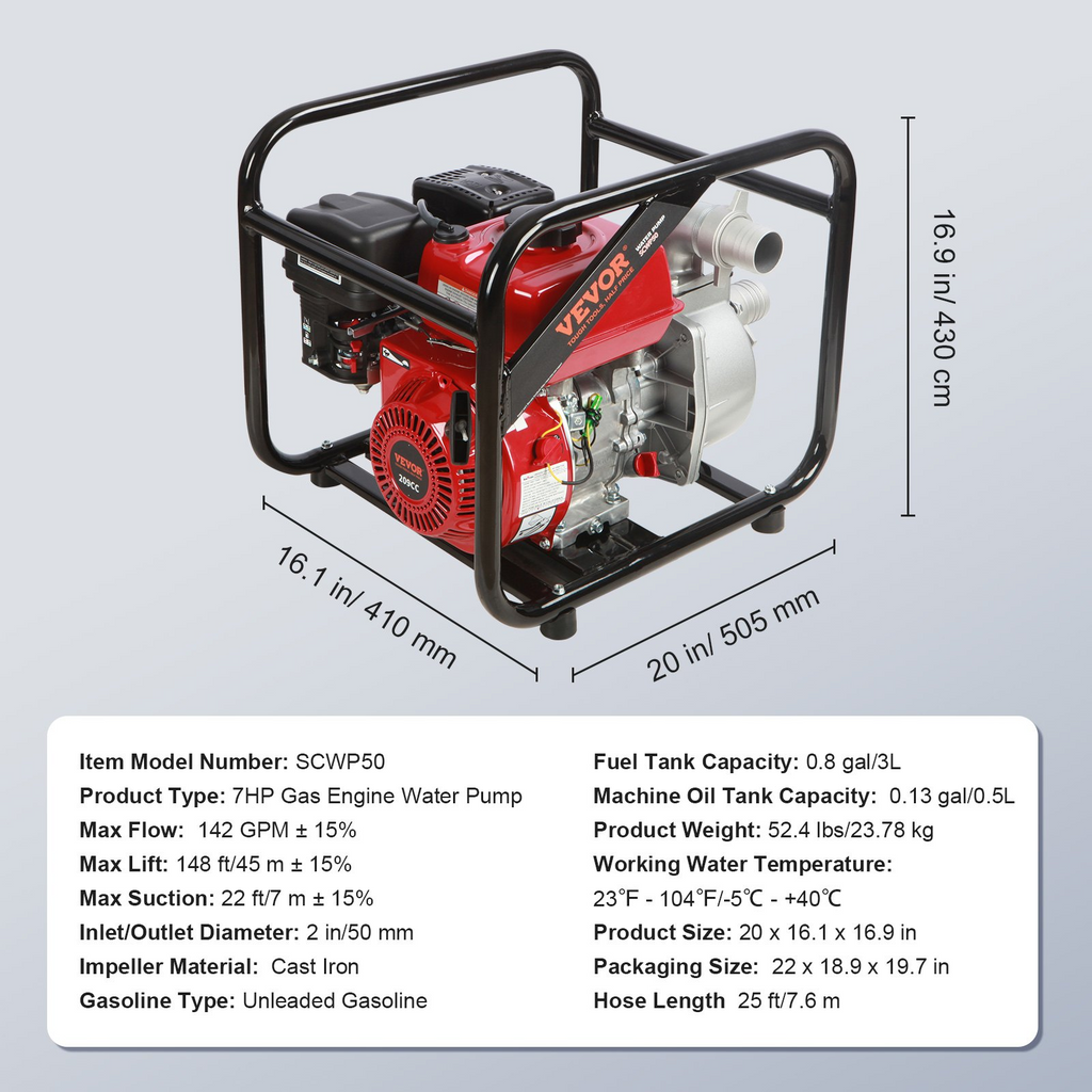 Bomba de agua con motor de gasolina VEVOR 2 pulgadas 7 HP 142 GPM elevación de 148 pies