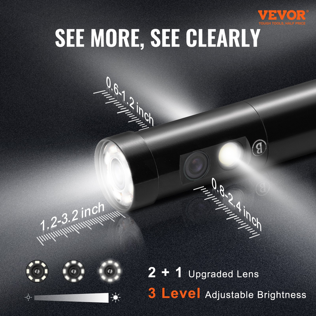 VEVOR - Cámara de inspección con boroscopio de triple lente pantalla IPS de 5" con luces zoom 8X pantalla dividida HD de 1080P 10 luces LED