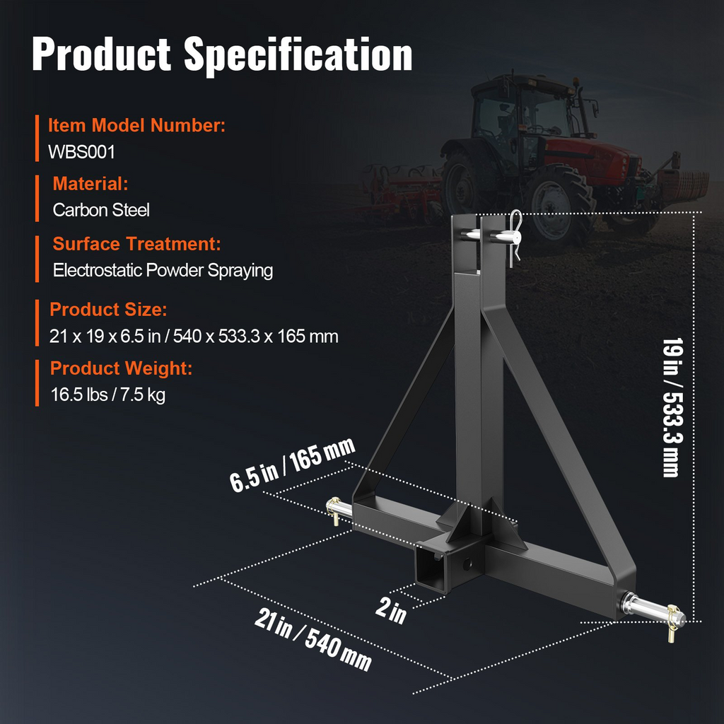 Receptor de enganche de 3 puntos VEVOR adaptador de barra de remolque de tractor de categoría 1 de 2" con pasadores