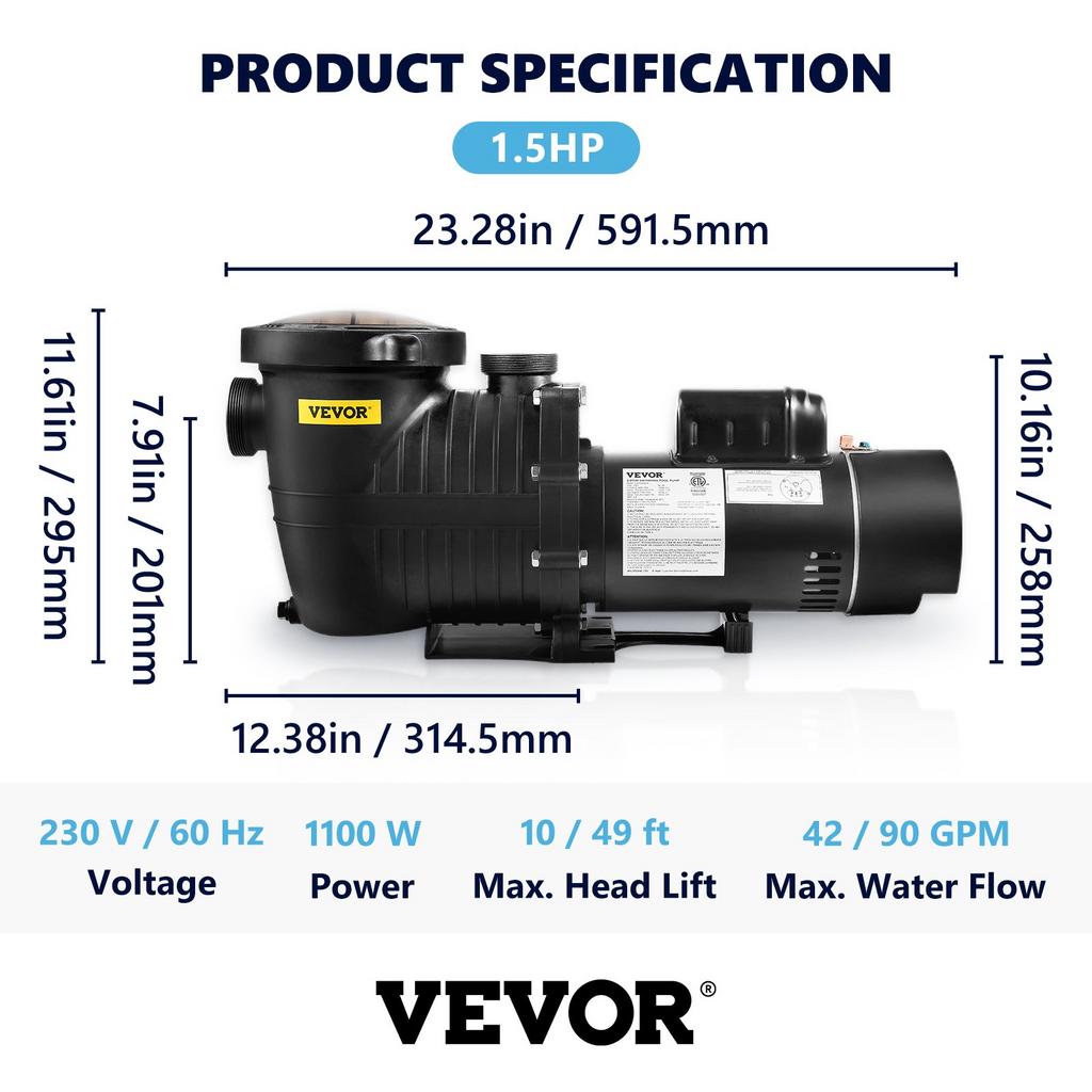 Bomba de piscina VEVOR de 1,5 HP y 230 V 1100 W caudal máximo de 5400 GPH