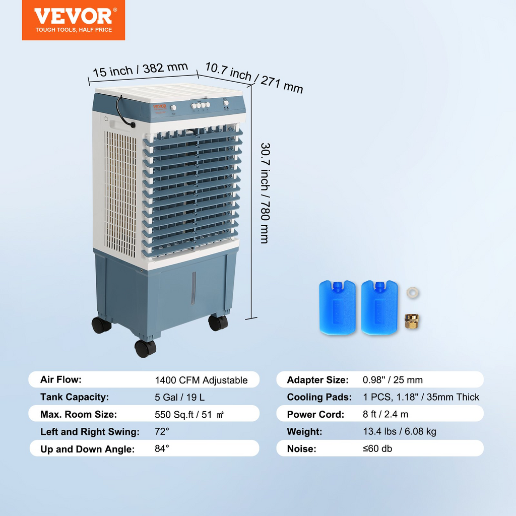 Enfriador evaporativo VEVOR 1400 CFM portátil 5 galones para 550 pies cuadrados con control de 3 velocidades