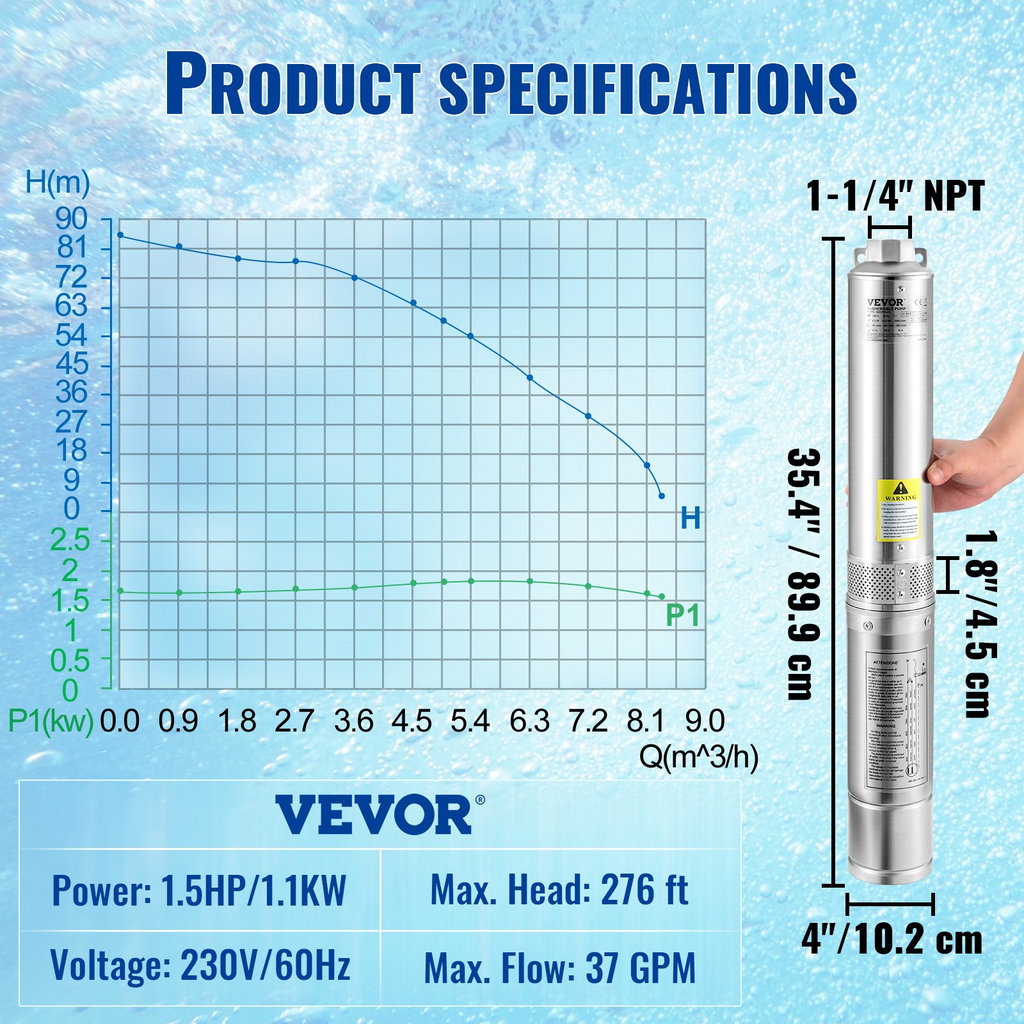 Bomba sumergible para pozos profundos VEVOR 1,5 HP 230 V/60 Hz 37 gpm cabezal de 276 pies con cable eléctrico de 33 pies IP68