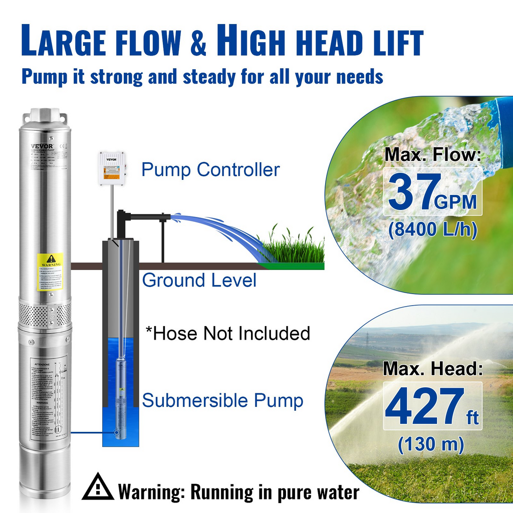 Bomba sumergible para pozos profundos VEVOR 2 HP 230 V 60 Hz 37 GPM cabezal 427 pies con cable 33 pies IP68