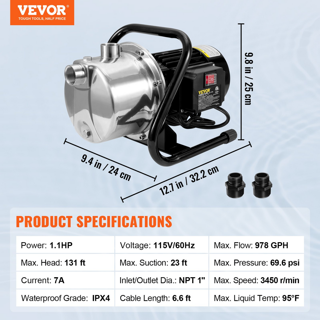 Bomba de agua para pozos poco profundos VEVOR portátil para jardín 1,1 HP 978 GPH altura de elevación de 131 pies