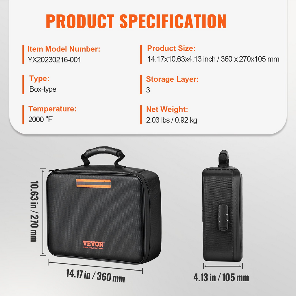 VEVOR Caja de documentos ignífuga 2000 ℉ de 3 capas 14,17 x 10,63 x 4,13 pulgadas con cremallera