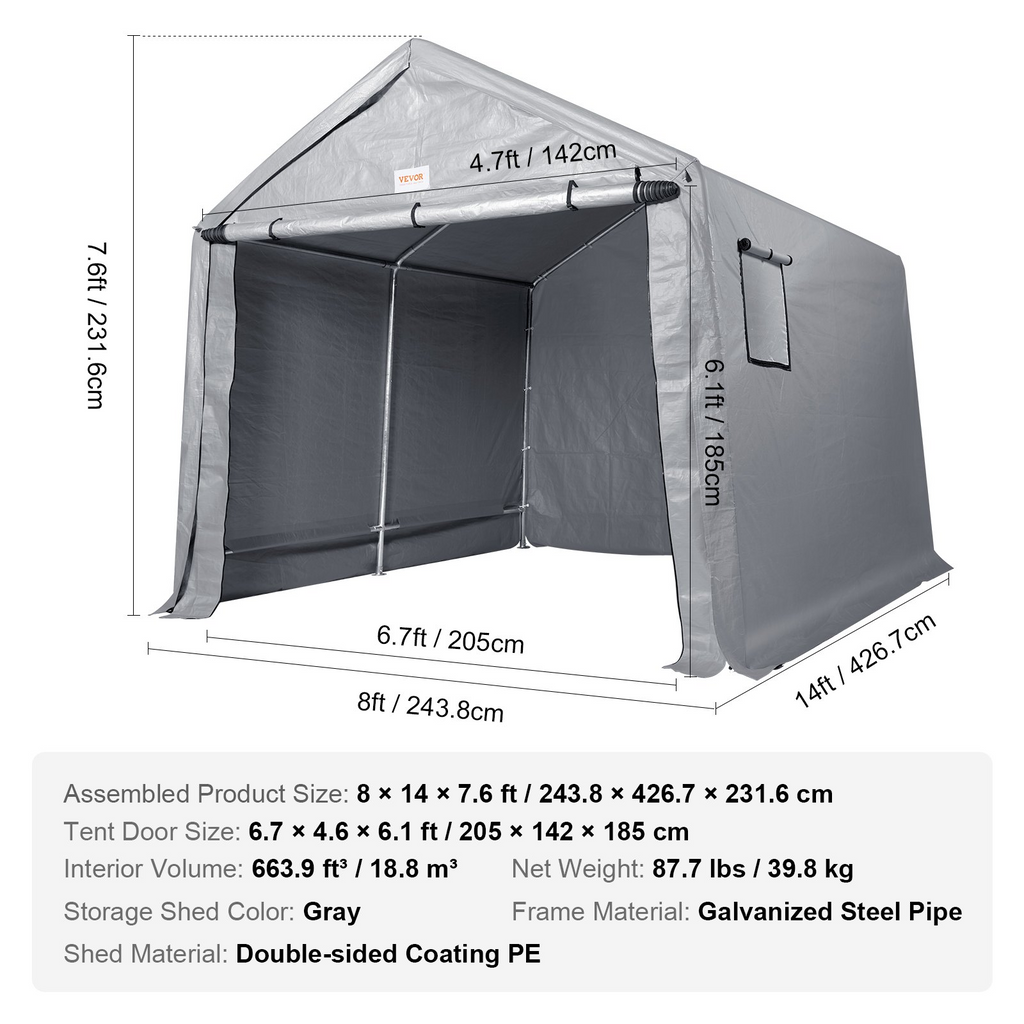 VEVOR Cobertizo portátil para almacenamiento al aire libre 8 x 14 x 7,6 pies