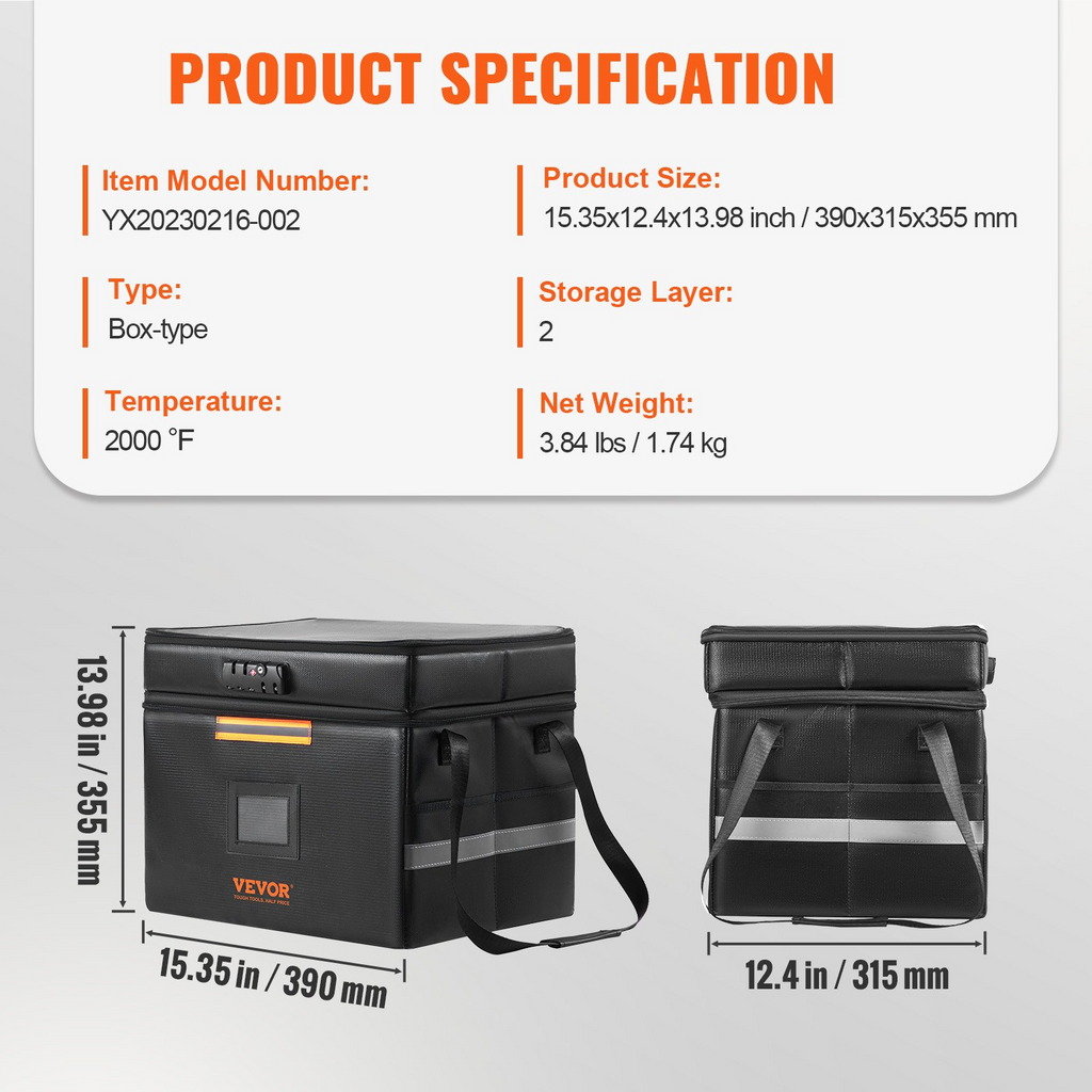 VEVOR Caja ignífuga para documentos de 2000 ℉ con 3 capas de almacenamiento 15,35" x 12,4" x 13,98"