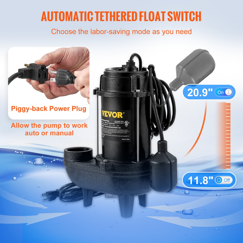 Bomba de agua sumergible para aguas residuales VEVOR 3/4 HP 5880 GPH