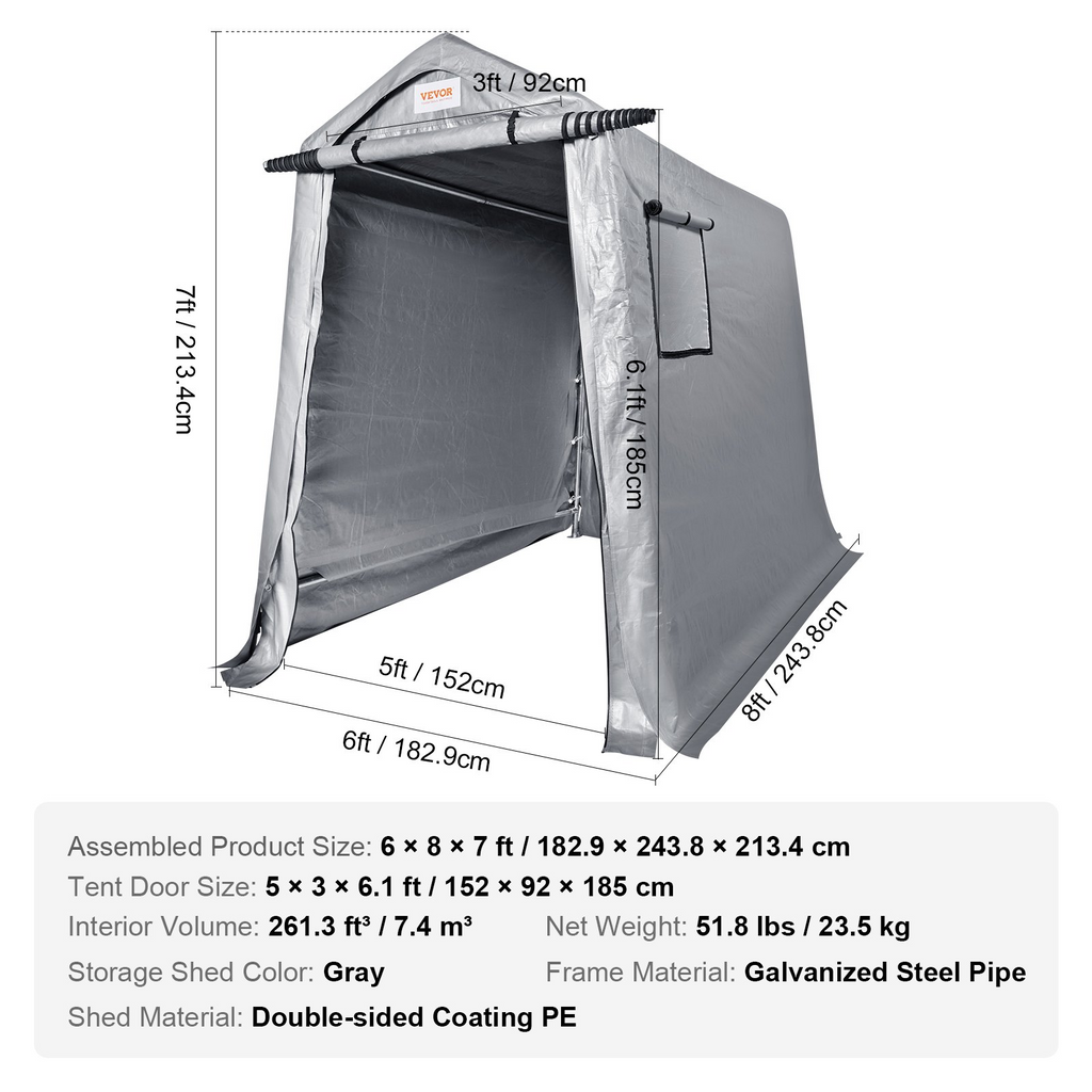 Cobertizo portátil 6 x 8 x 7 pies resistente para todas las estaciones con lona puerta enrollable y ventanas ventiladas para motocicletas bicicletas y herramientas de jardín