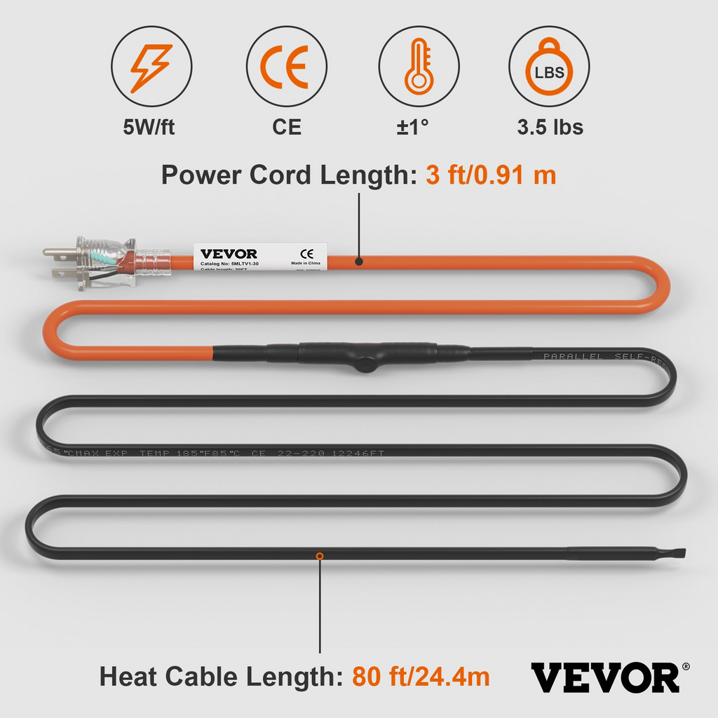 Cable calefactor autorregulable para tuberías VEVOR de 80 pies y 5 W/pie 120 V