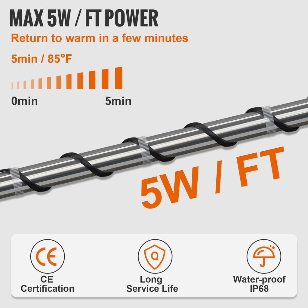 Cable calefactor autorregulable VEVOR de 30 pies y 5 W/pie para protección contra congelamiento de tuberías 120 V