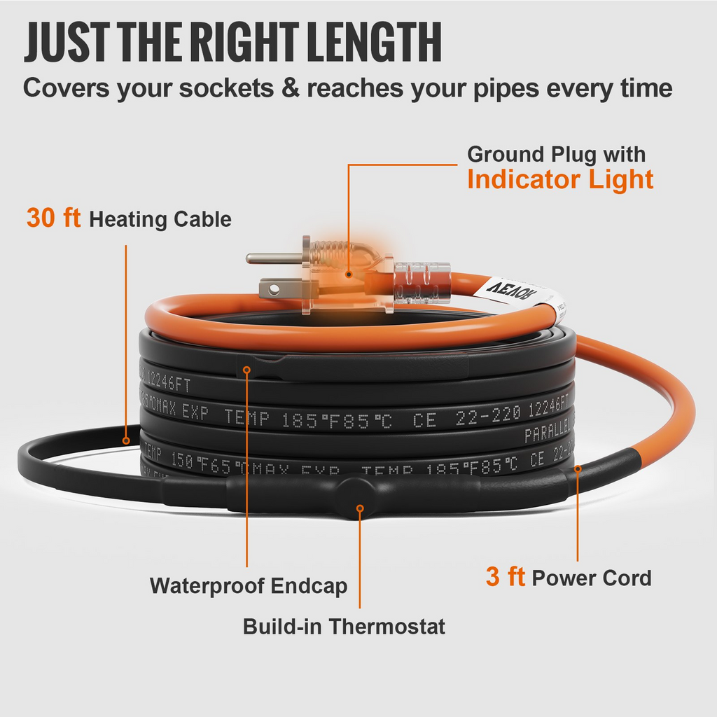 Cable calefactor autorregulable VEVOR de 30 pies y 5 W/pie para protección contra congelamiento de tuberías 120 V