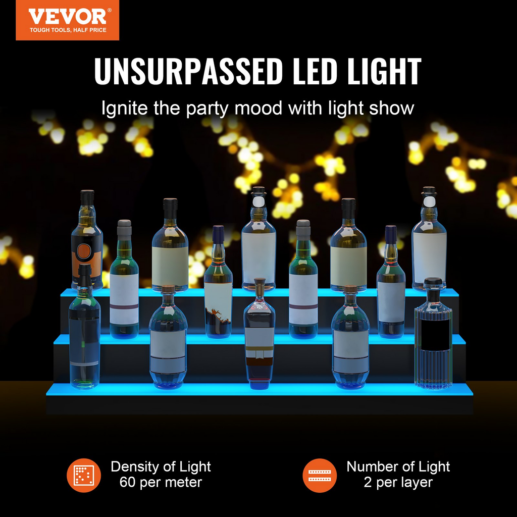 VEVOR Estante de exhibición de botellas de licor iluminado con LED 3 niveles de 40 pulgadas