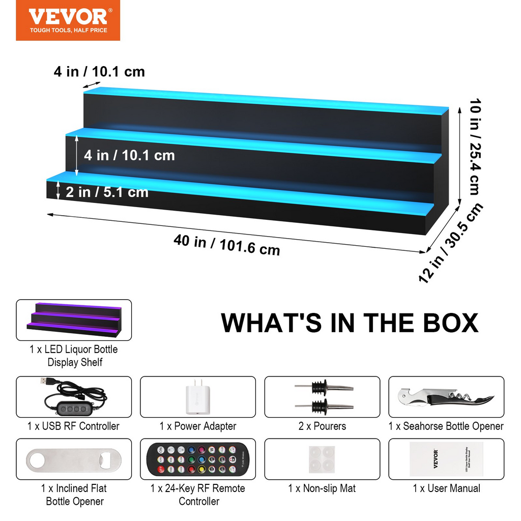 VEVOR Estante de exhibición de botellas de licor iluminado con LED 3 niveles de 40 pulgadas