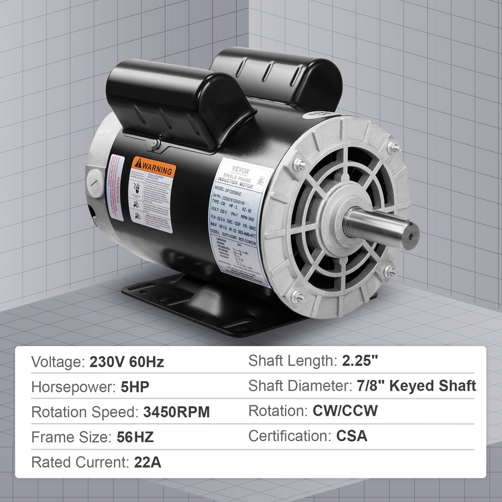 Motor de compresor de aire VEVOR de 5 HP  230 V y 22 A marco de 3450 RPM y 56 Hz eje con chaveta de 7/8" longitud de eje de 2,25"