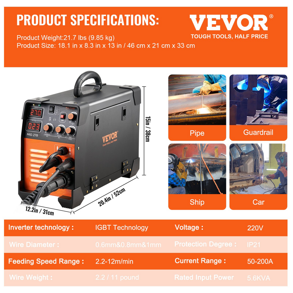 VEVOR Mig Welder Welding Machine 270A MIG MMA TIG 3 In 1 Welder Combo 110V/220V