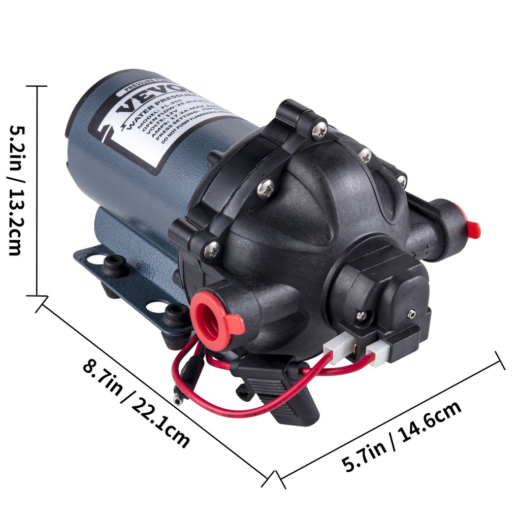 Bomba de agua para vehículos recreativos VEVOR de 5,3 GPM y 5,5 galones por minuto 12 V70 PSI con manguera en espiral de 25 pies