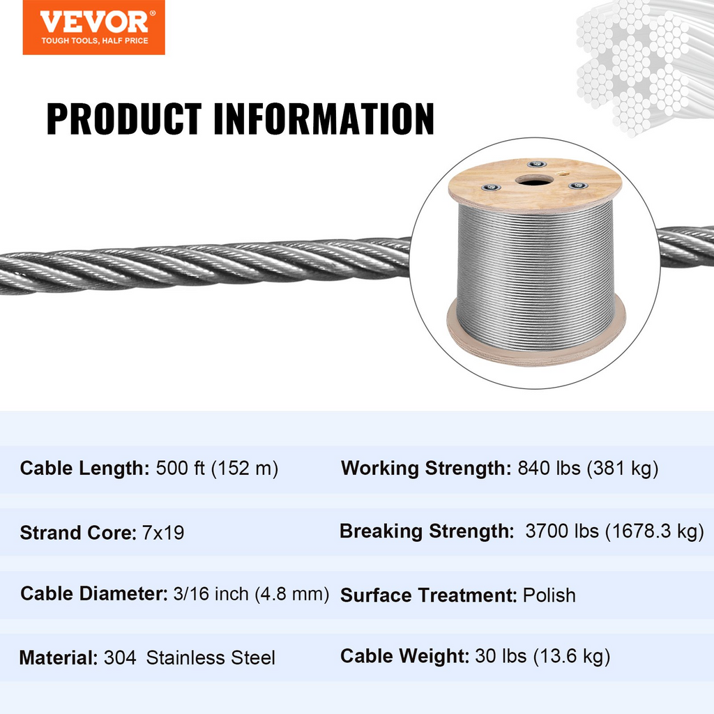 Carrete de cable de acero inoxidable para aeronaves 3/16" y 7 x 19" 500ft