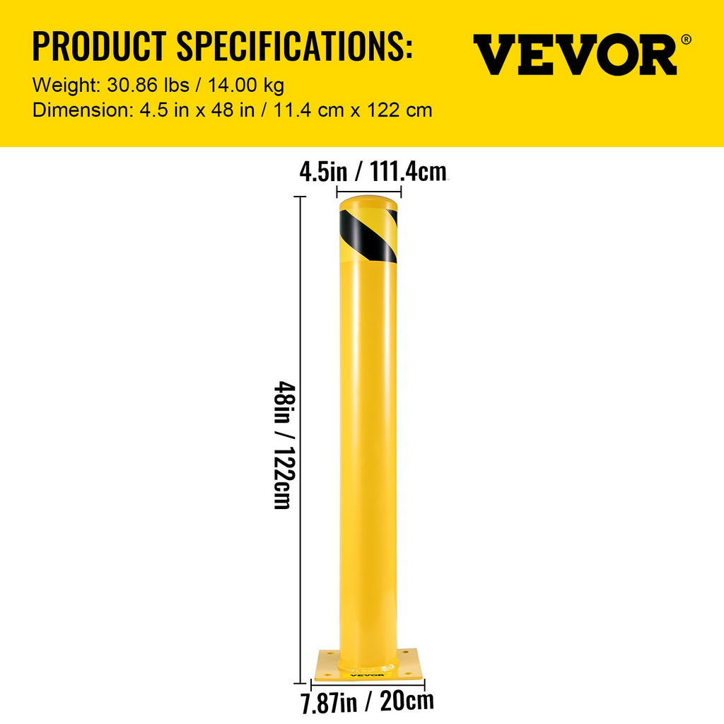 Bolardo de seguridad 48 pulgadas de altura  4,5 pulgadas de diámetro con 8 pernos de anclaje