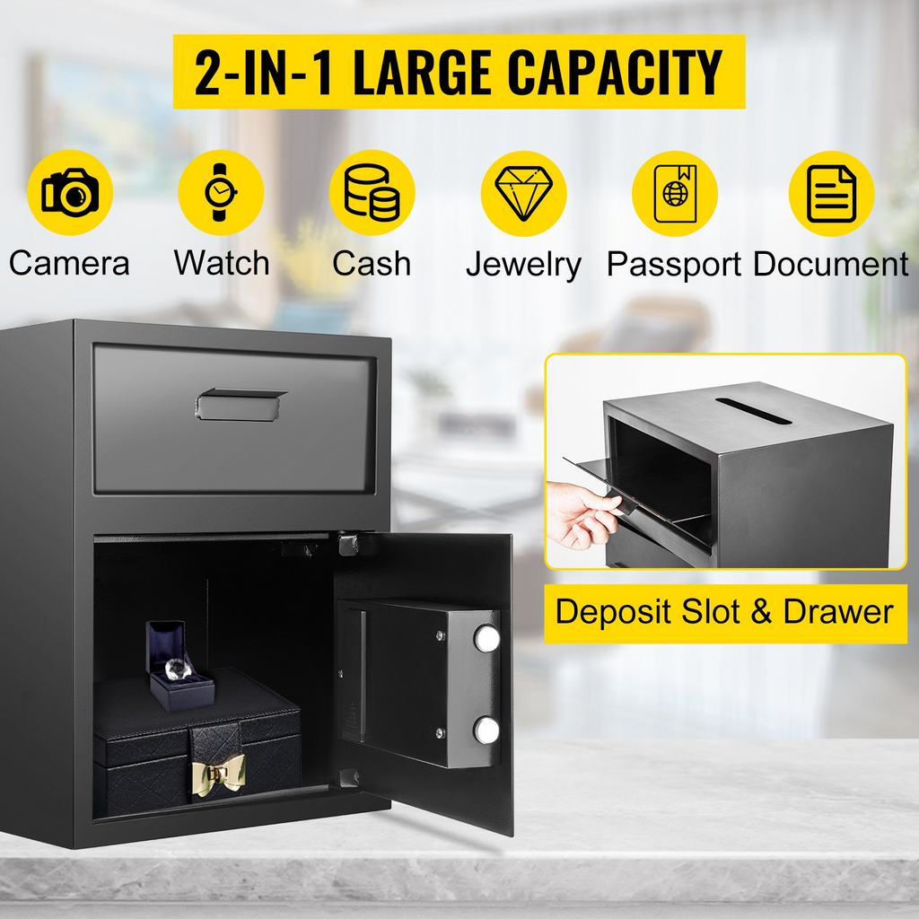 Caja fuerte digital VEVOR de 1,7 pies cúbicos fabricada en acero al carbono con cerradura de código electrónico y ranura para depósito con dos llaves de emergencia