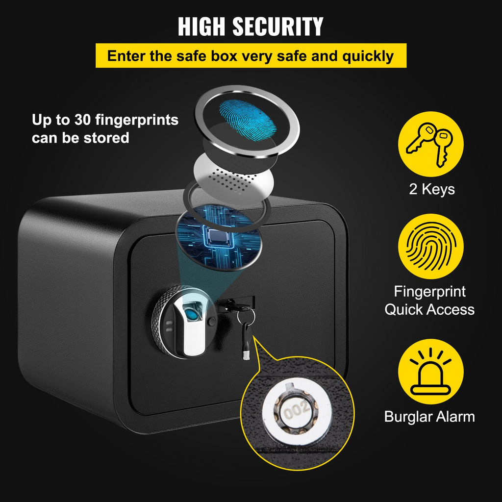 Caja de seguridad de 1 pie cúbico con cerradura de huella dactilar y cerradura con llave con 2 llaves