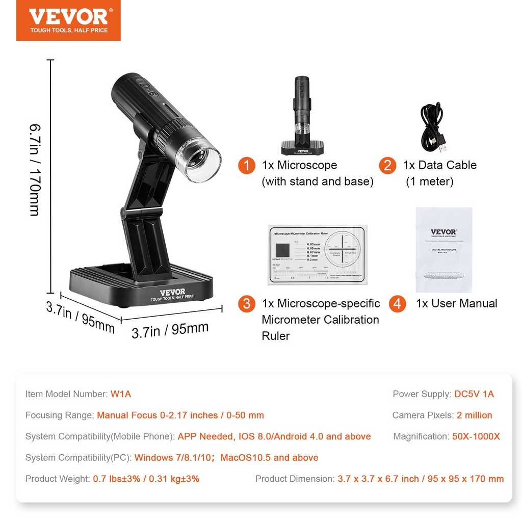 Microscopio digital inalámbrico VEVOR 50X-1000X 1080P HD WiFi portátil de mano Mini microscopio de monedas con soporte ajustable.