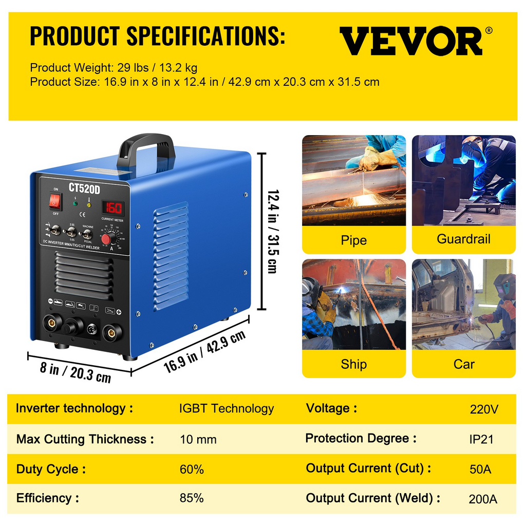 CT520D - Soldadora combinada 3 en 1 con cortadora de plasma, TIG y varilla, 50 A/200 A, 110/220 V