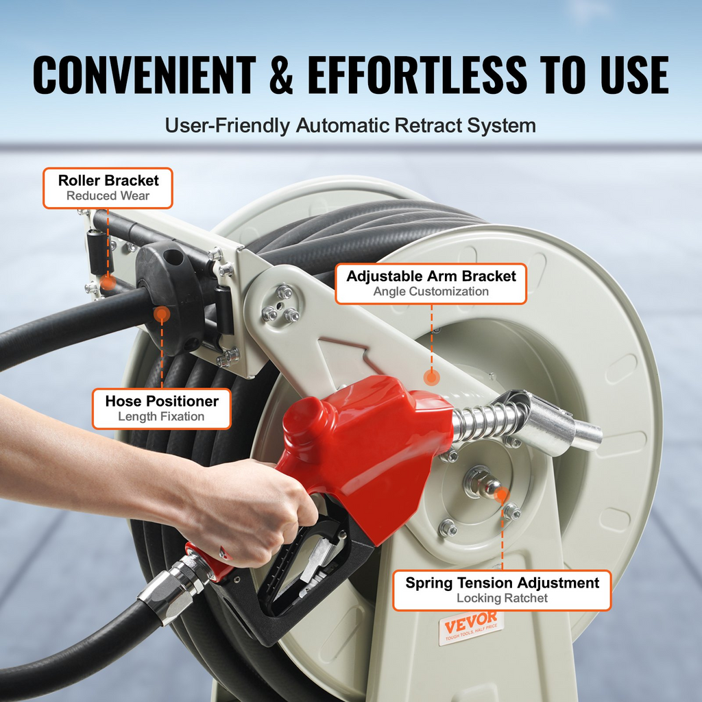 VEVOR Carrete de manguera de combustible, 3/4" x 50', carrete de manguera diésel retráctil extra largo, construcción de acero al carbono de alta resistencia con boquilla de combustible automática