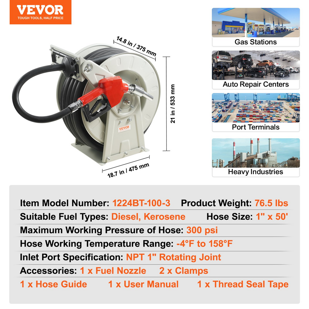 VEVOR Carrete de manguera de combustible, 1" x 15 MTS carrete de manguera diésel retráctil extra largo, construcción de acero al carbono de alta resistencia con boquilla de combustible automática JH2